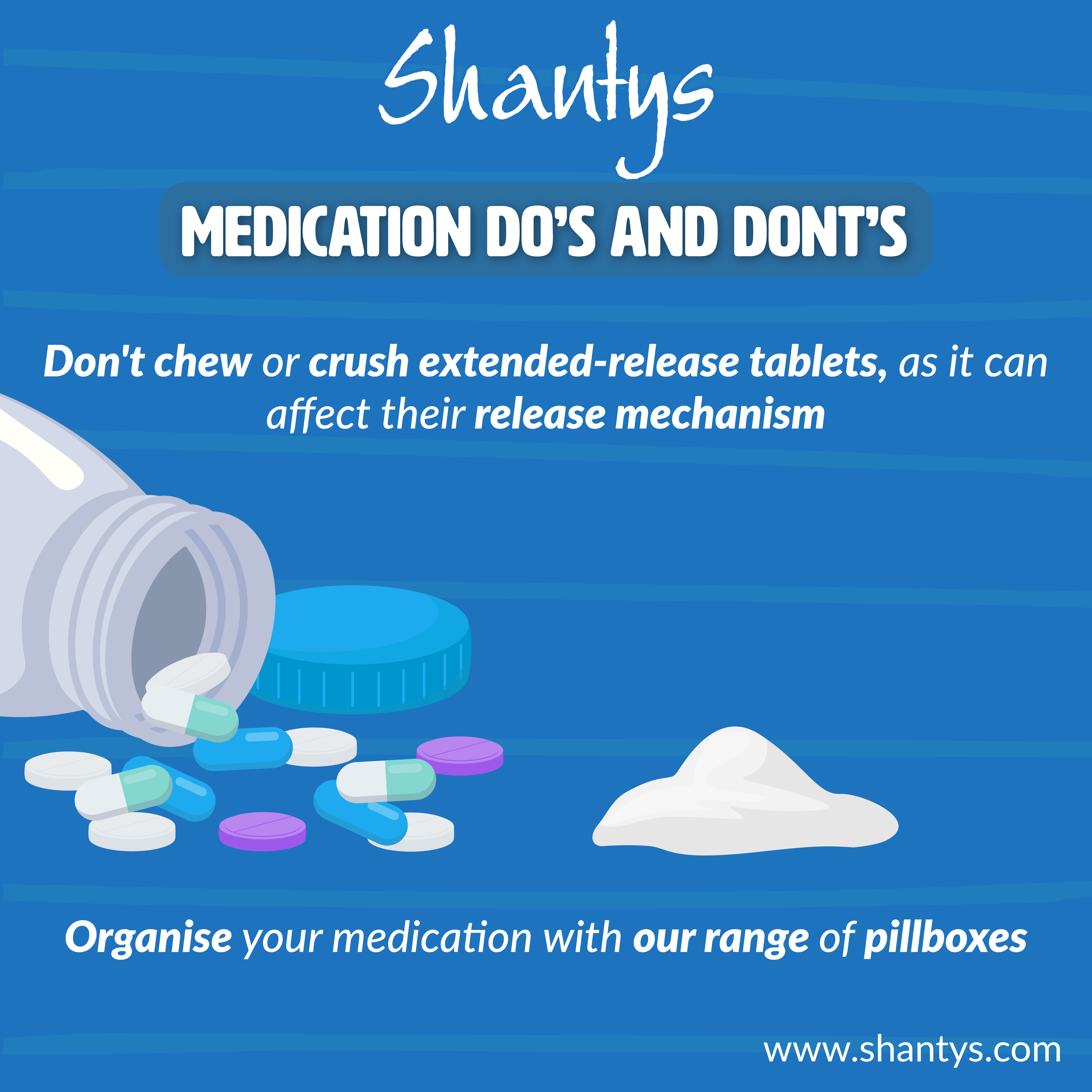 Medication Do’s and Don’ts: Don’t chew or crush extended-release tablets, as it can affect their release mechanism