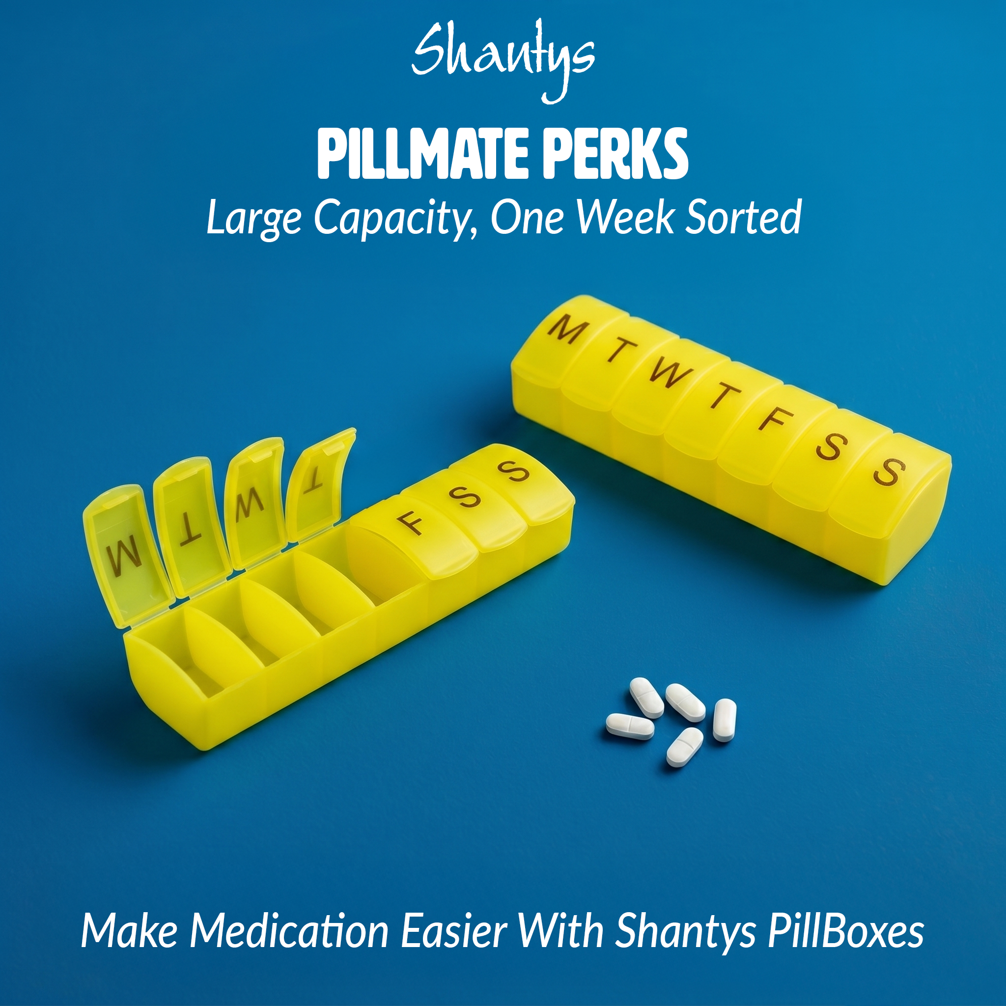 PillMate Perks – Maxi Size 7 Day Pill Box Dispenser, Shantys PillMate (19028)